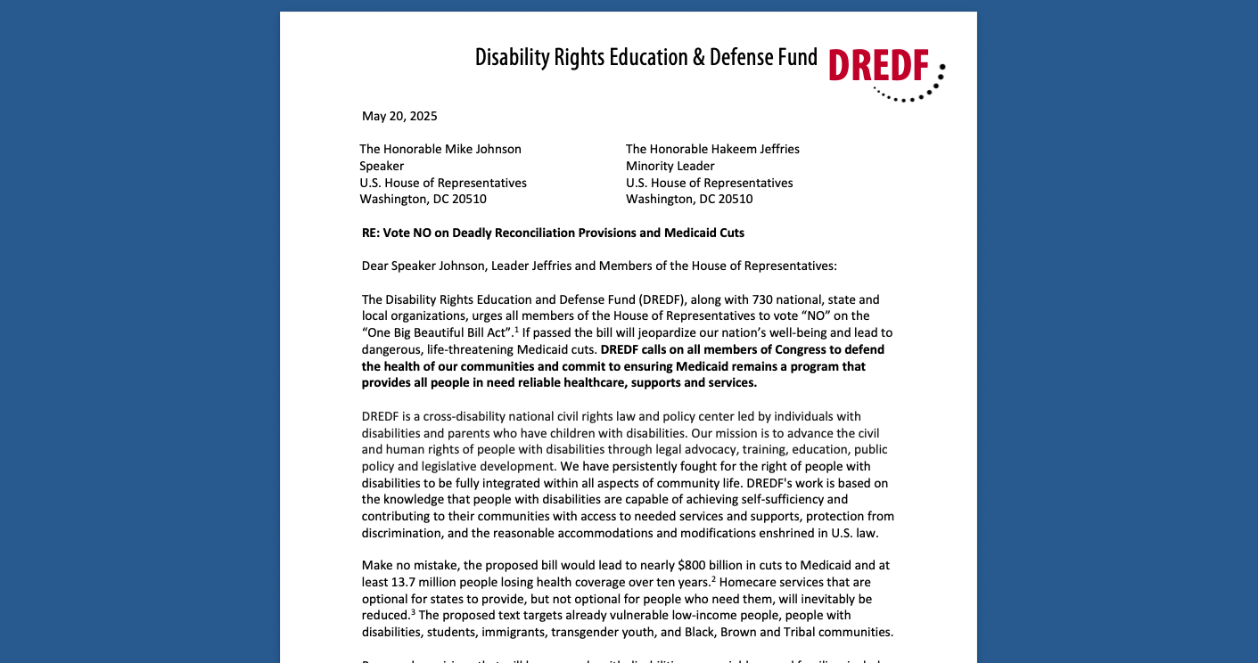 Screenshot of letter with DREDF logo in the letterhead